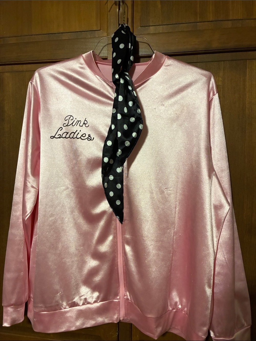 Pink Ladies Jacket Pink Black Lettering Includes Black White Polka Dot Scarf